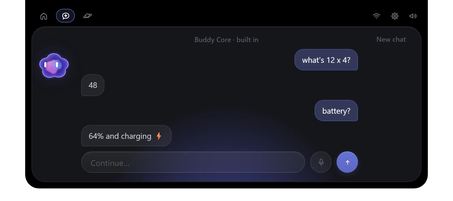 Chat with Buddy Core: “what's 12 x 4?” — 48; “battery?” — 64% and charging