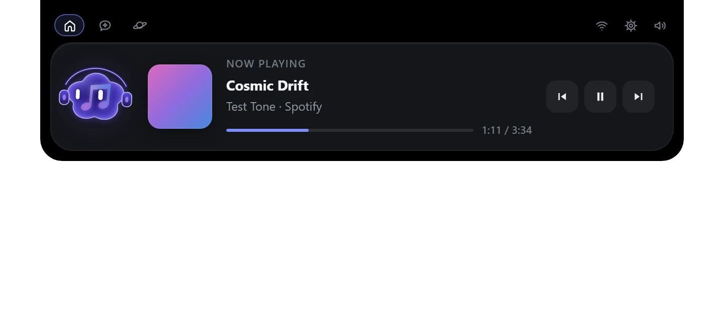 Home: Now Playing, Cosmic Drift by Test Tone, with Cosmo wearing headphones