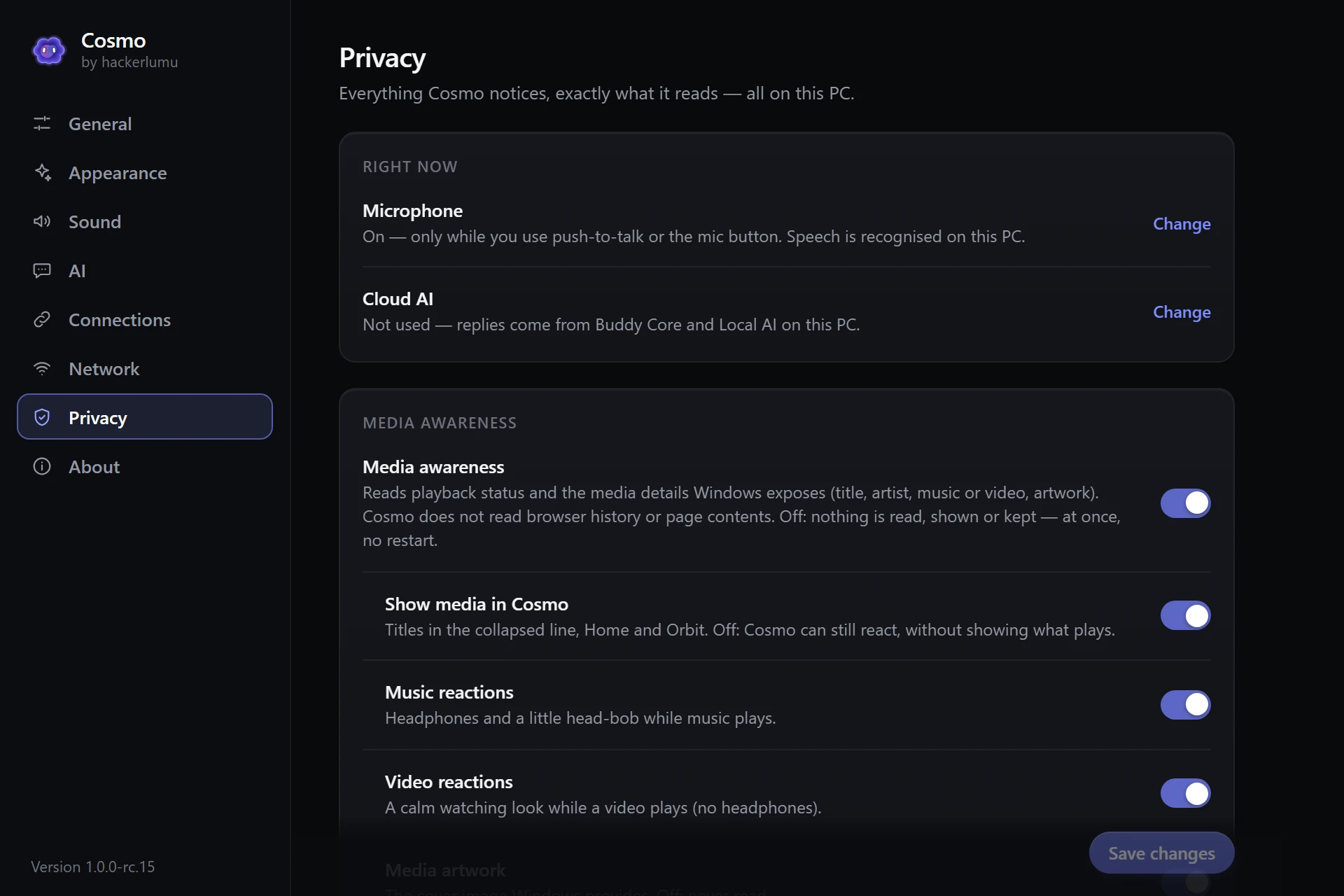 Cosmo's Settings, Privacy page: microphone and cloud AI status with Change links, and media-awareness switches