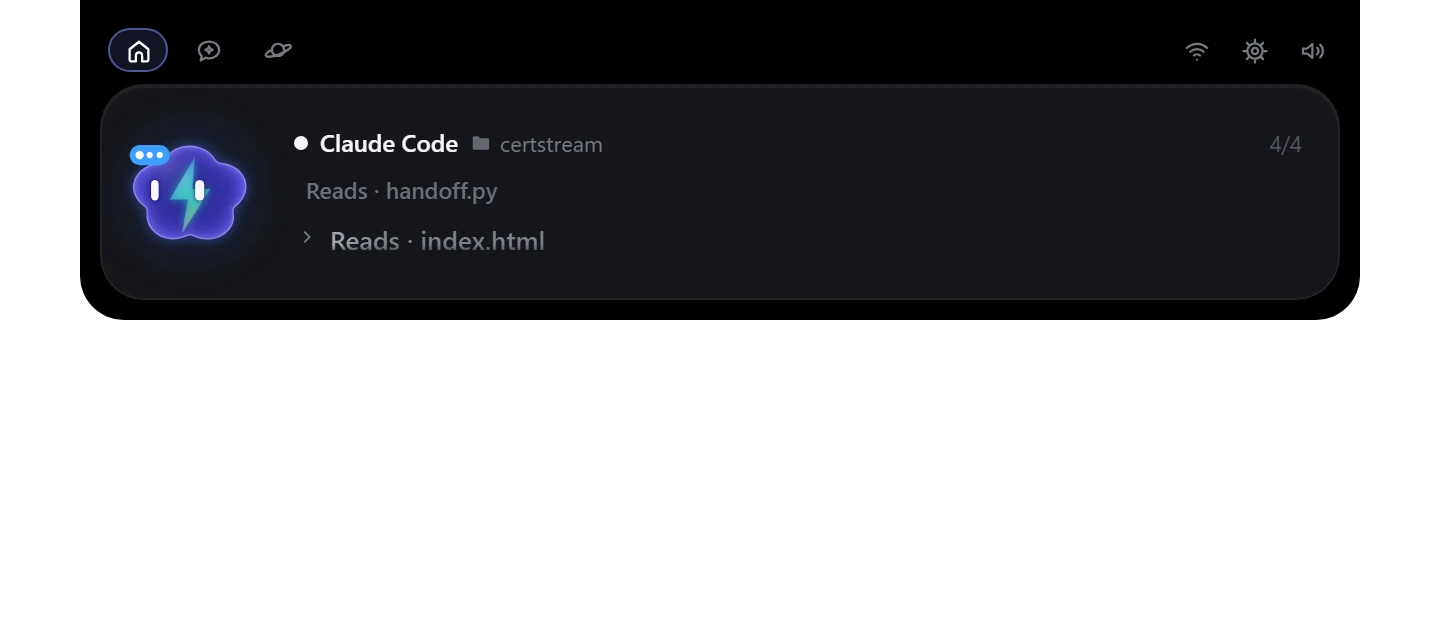 Home showing Claude Code activity: reading handoff.py and index.html in a sample project